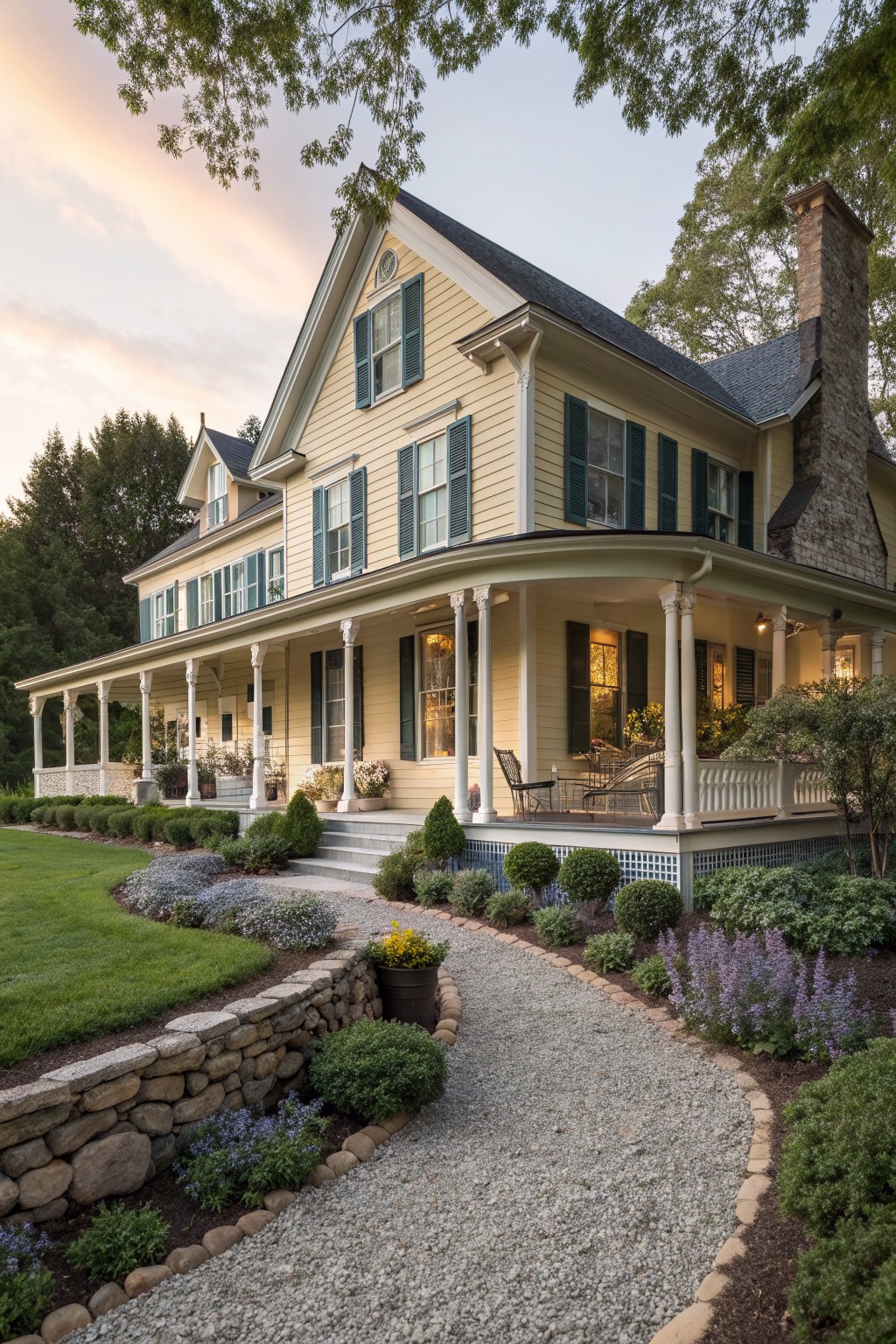 Yellow Victorian house with green shutters, wraparound porch, stone chimney, and lush garden.