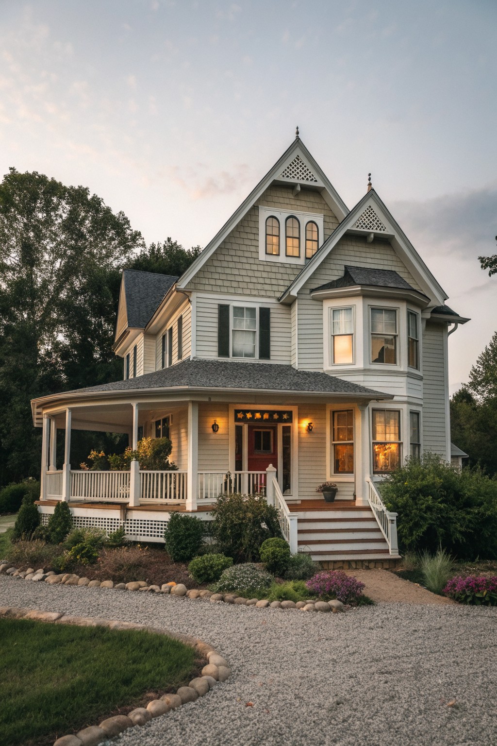 A two-story Victorian farmhouse with gray siding, a red front door, and a large white wraparound porch with steps and railings, surrounded by landscaping and a gravel driveway.