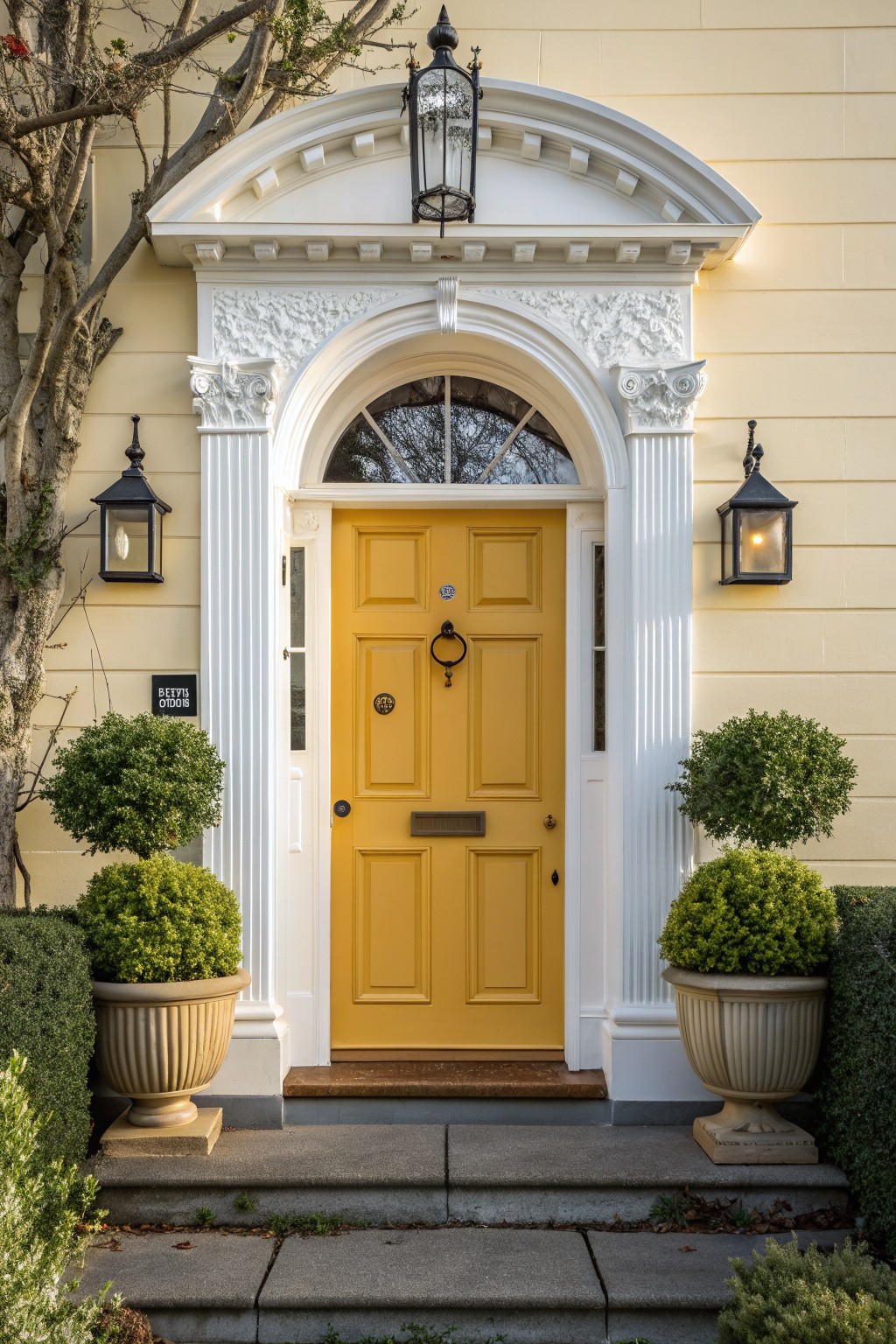 A yellow paneled front door under a white arched entry with lanterns on both sides and potted shrubs at the base.