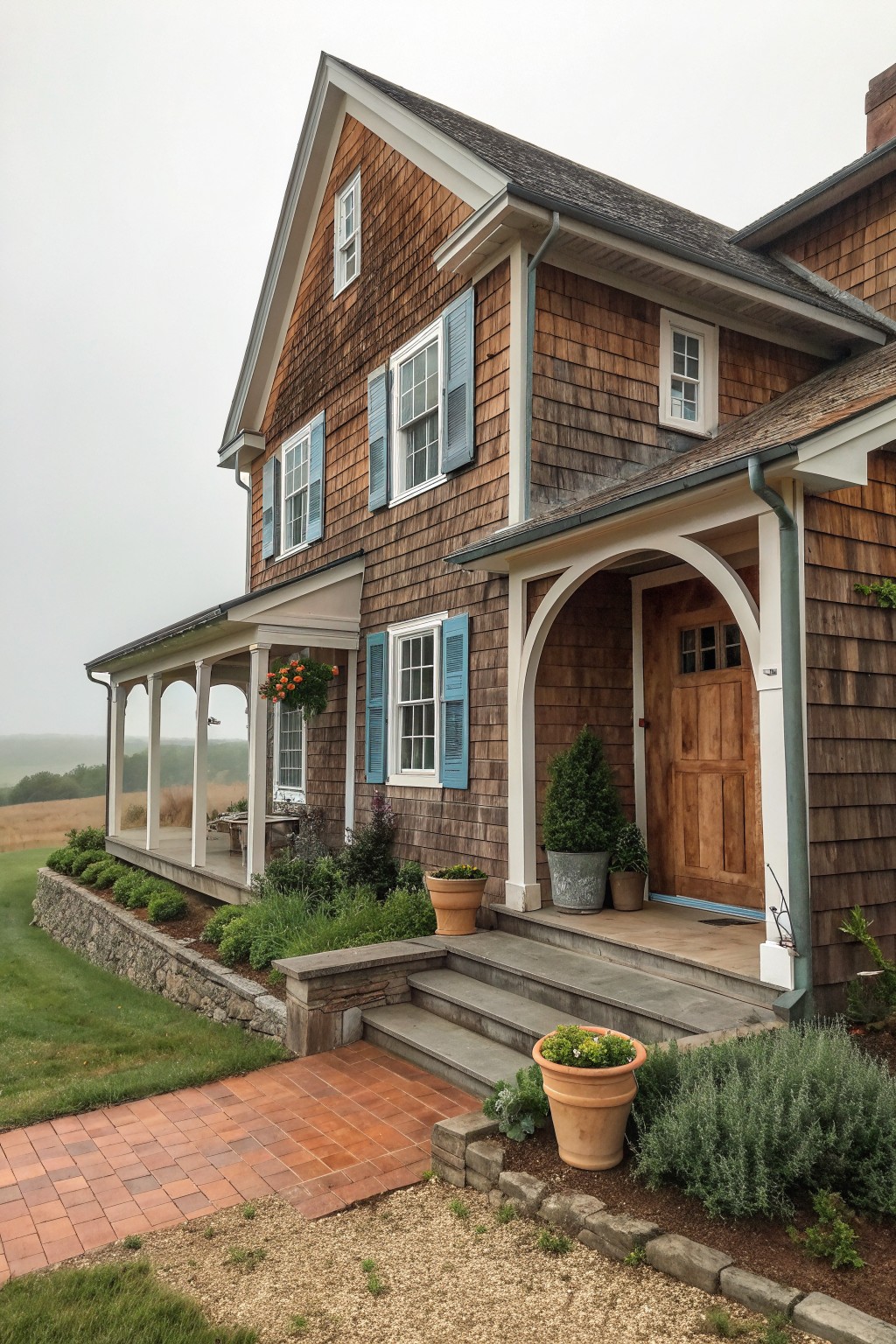 A two-story Victorian farmhouse exterior with brown wood shingles, light blue shutters on multiple windows, a wooden front door, white trim, and a covered porch with steps.