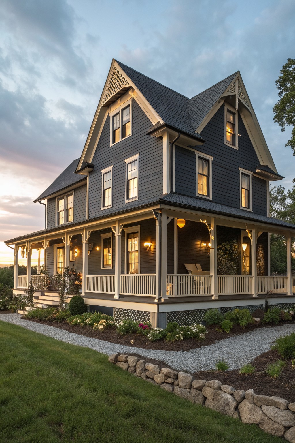 A two-story Victorian farmhouse with dark blue-gray siding, white trim, multiple gables, and a wraparound porch.