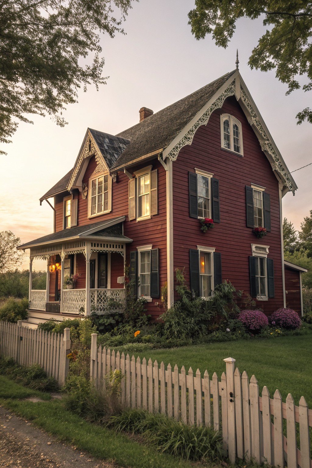 Red Victorian house with ornate white trim and porch behind white picket fence