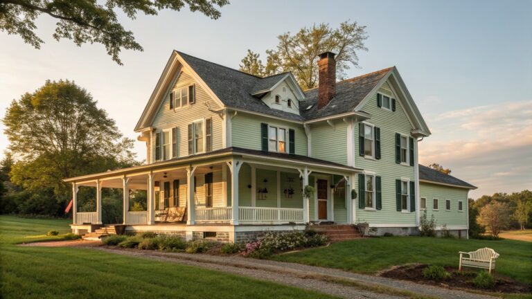 17 Fresh Victorian Farmhouse Paint Colors in Historic-Inspired Palettes A two-story light green Victorian farmhouse with white trim, dark shutters, a wraparound porch, and a brick walkway at dusk.