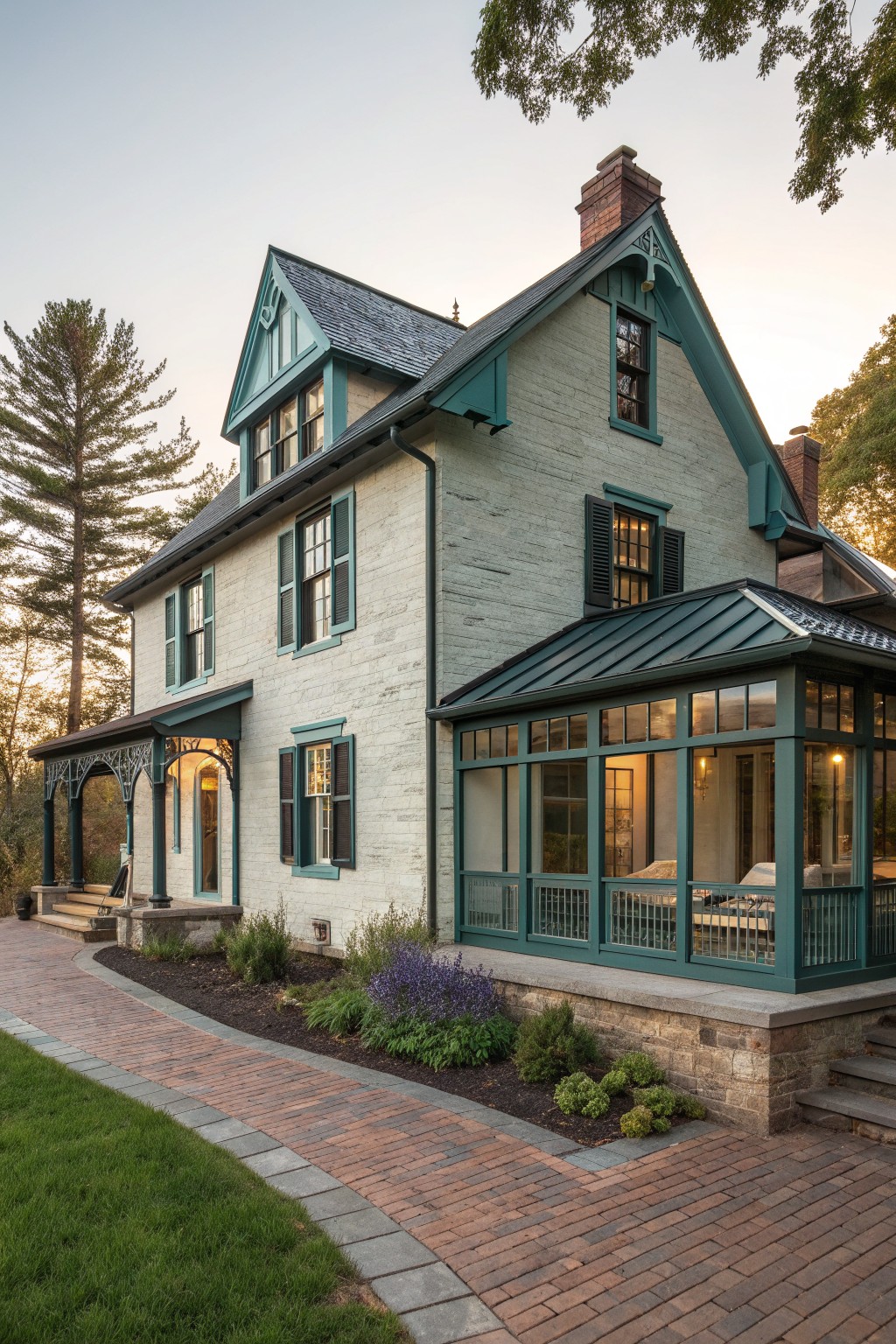 A two-story Victorian farmhouse exterior with white siding, teal trim, a covered porch, and a glass sunroom addition beside a brick walkway.