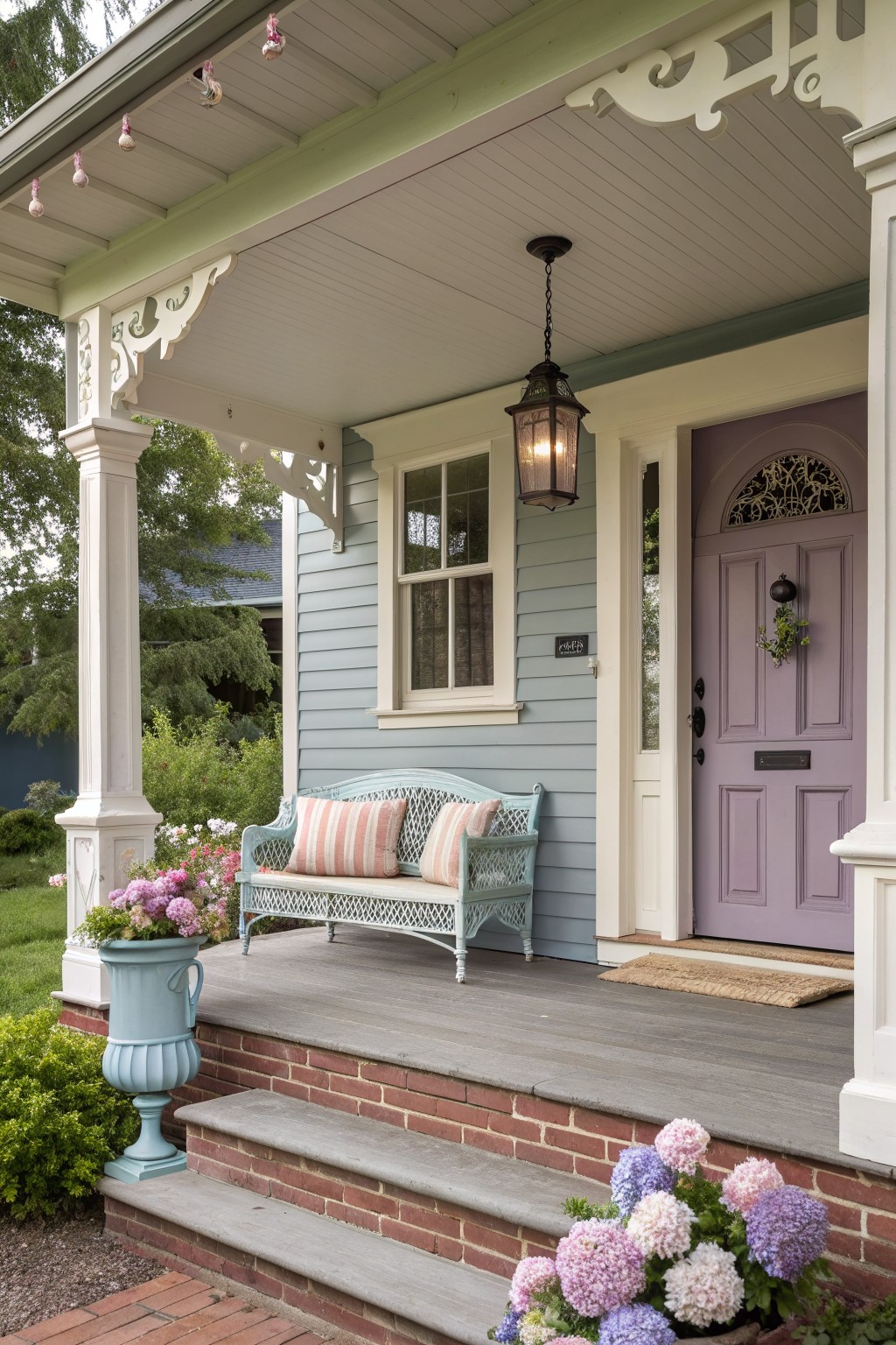 A front porch of a Victorian farmhouse with light blue siding, green trim, a purple door, a light blue bench with striped cushions, and flower pots on brick steps.