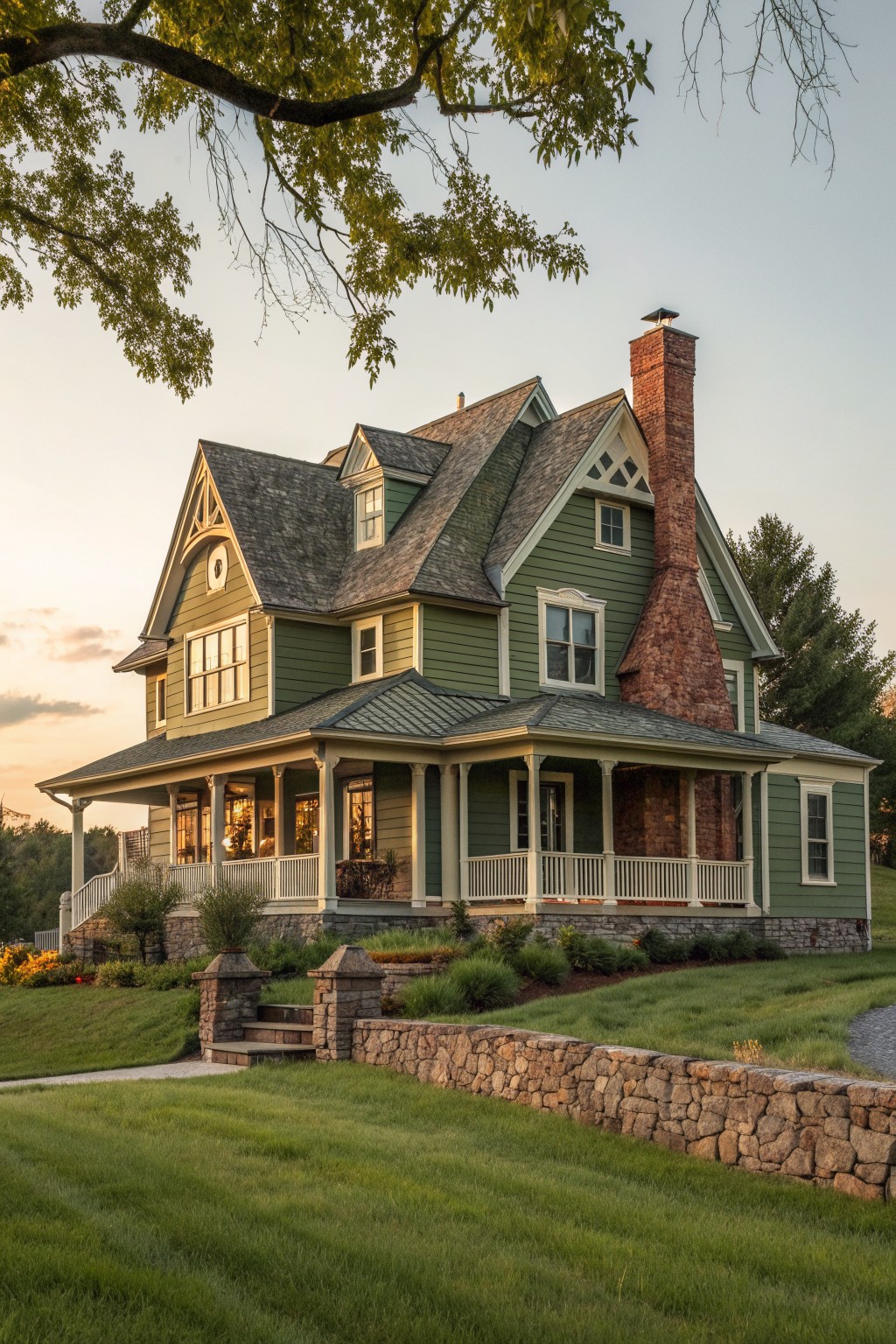 A green Victorian farmhouse with white trim, a stone foundation, a brick chimney, and a wraparound porch set on a grassy lawn with trees nearby.