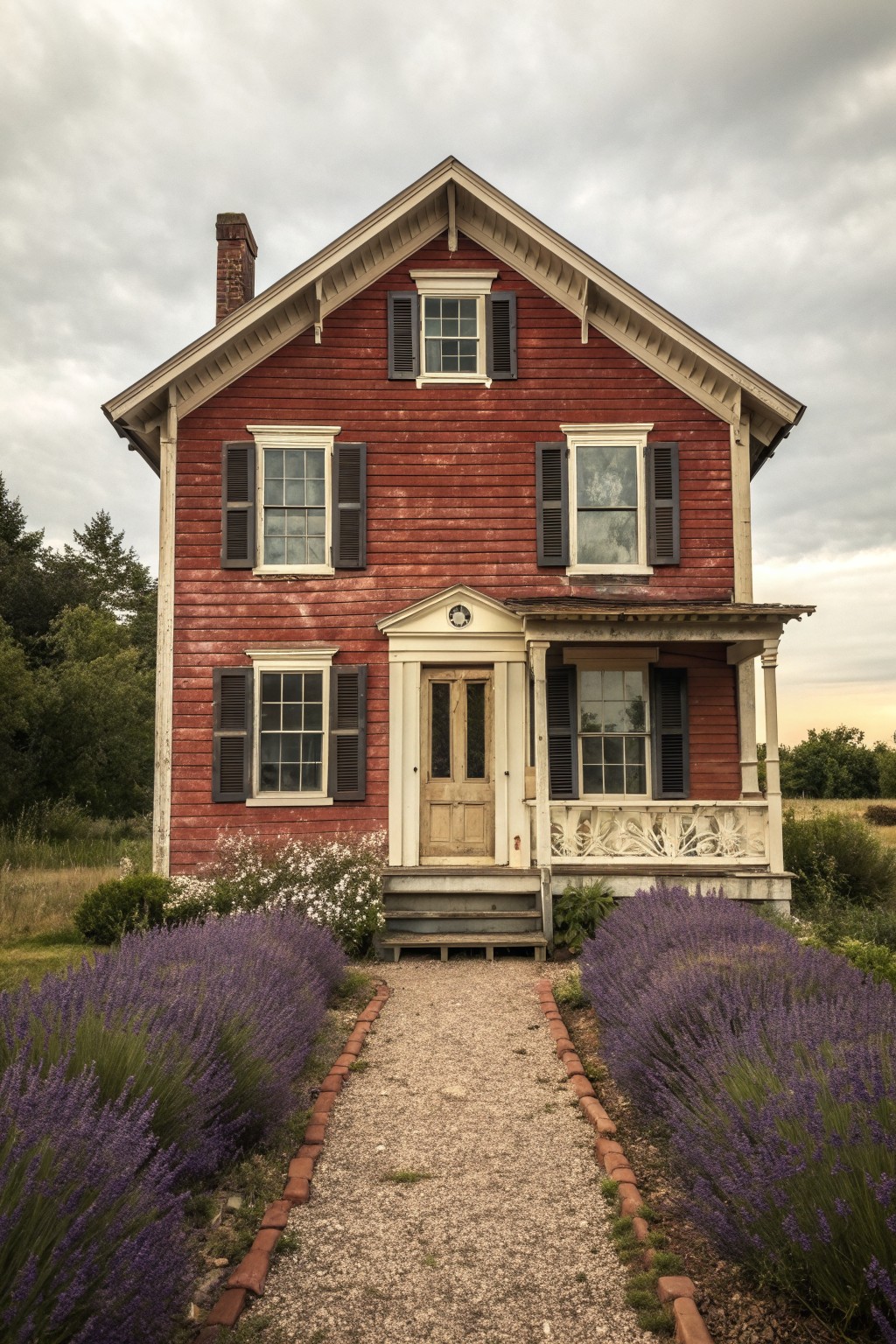 Red two-story house with lavender bushes along gravel path to door.