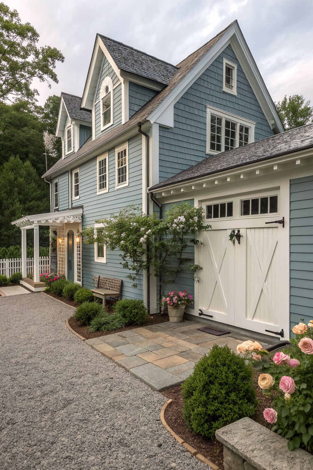 A two-story light blue Victorian farmhouse with white trim, a white garage door, stone pathway, and front landscaping.