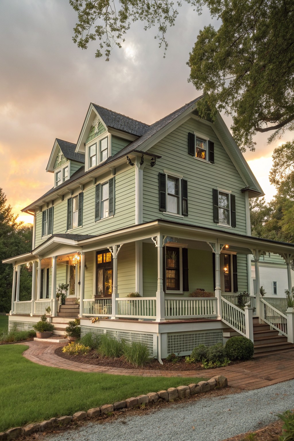 A two-story light green Victorian farmhouse with white trim, dark shutters, a wraparound porch, and a brick walkway at dusk.