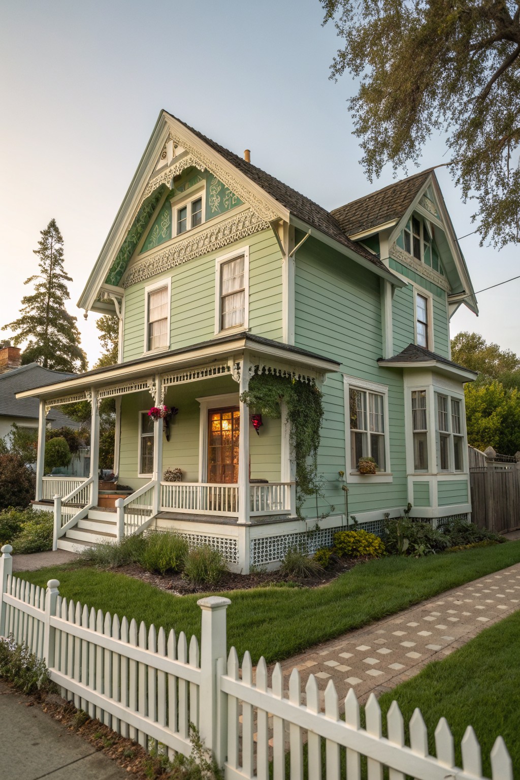 Light green Victorian house with white trim and picket fence in garden.