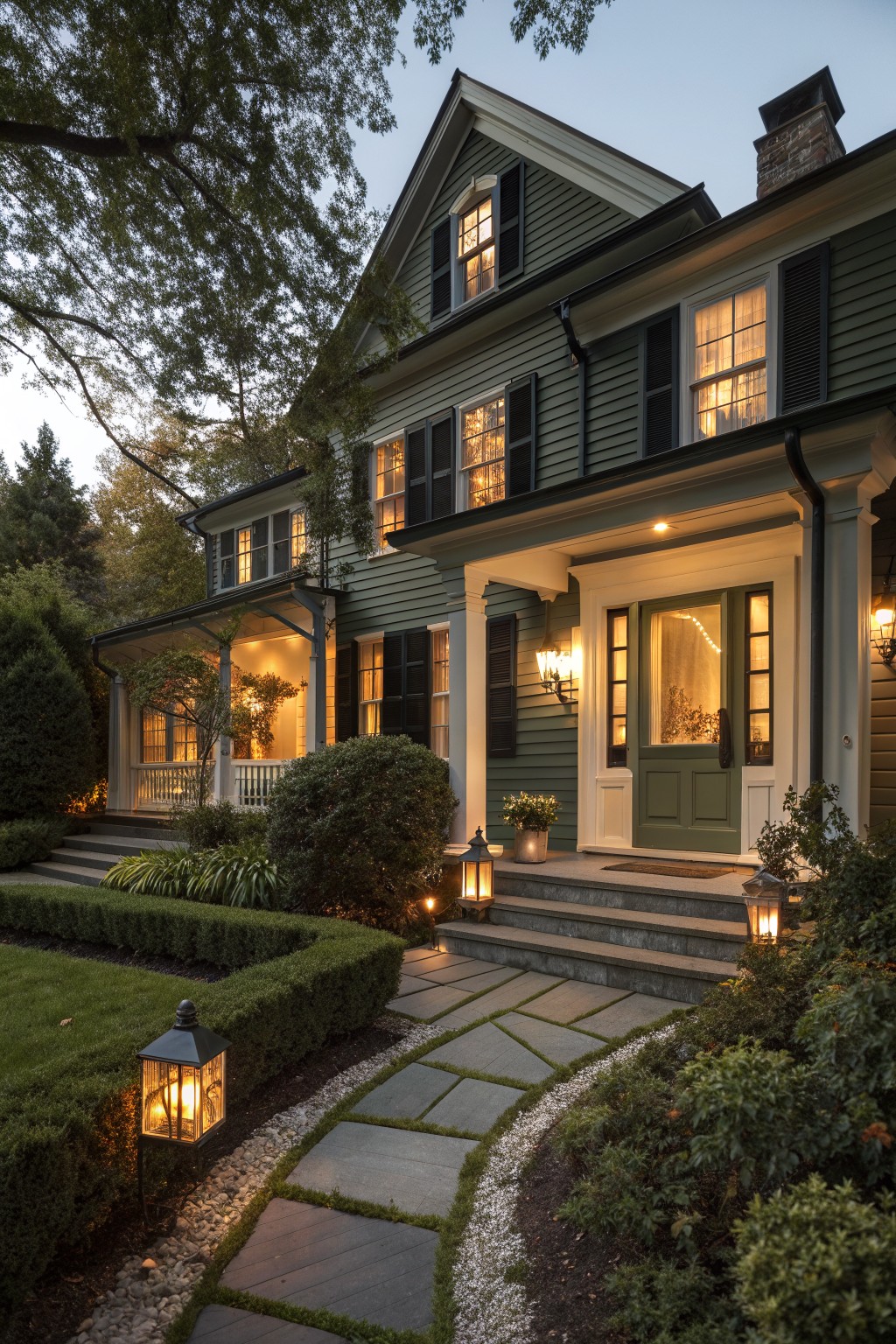 Green two-story house with glowing windows, porch, lanterns, and stone garden path at dusk