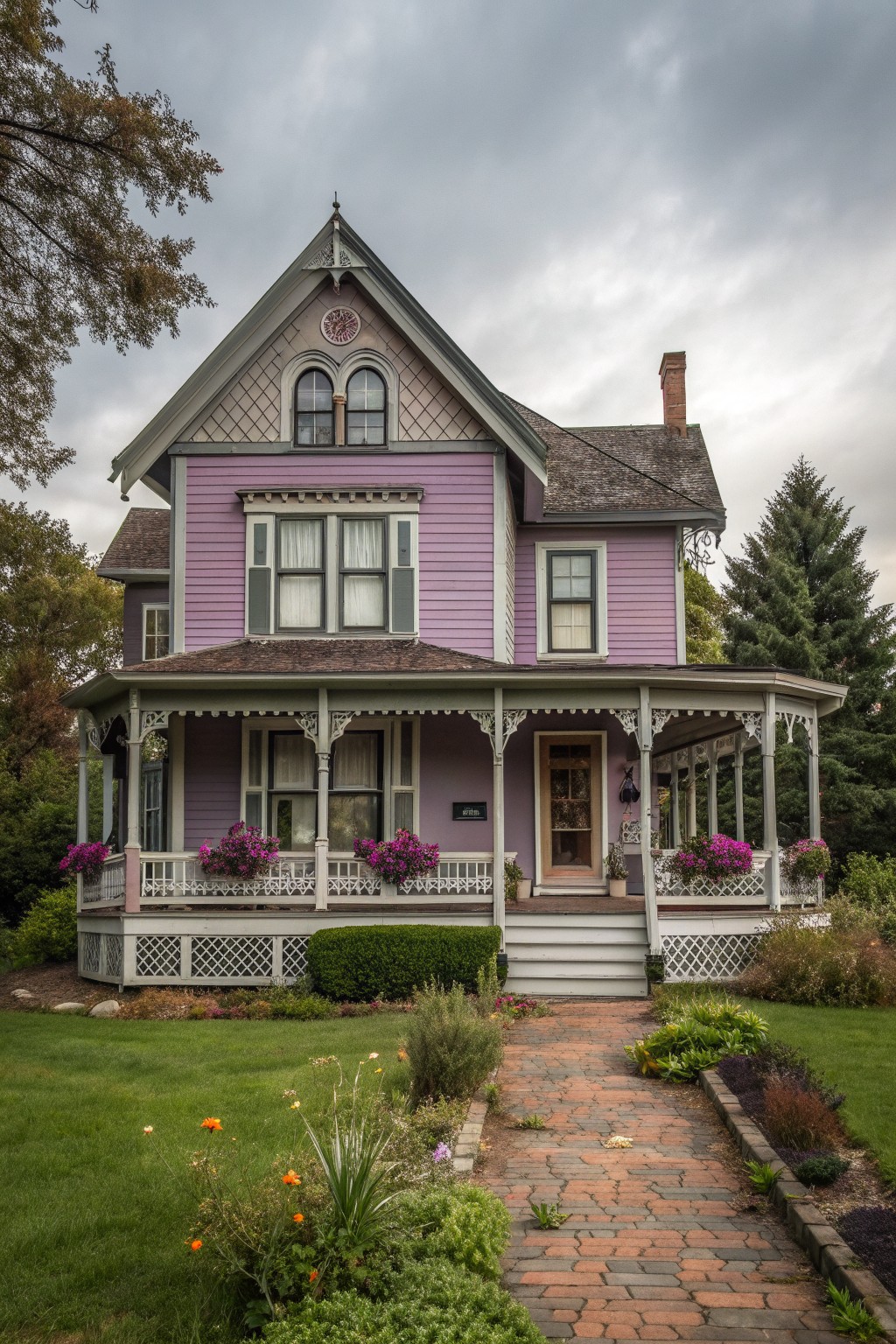 A two-story Victorian farmhouse painted in soft purple with white and gray trim, a wraparound porch, and a brick walkway leading to the front steps.