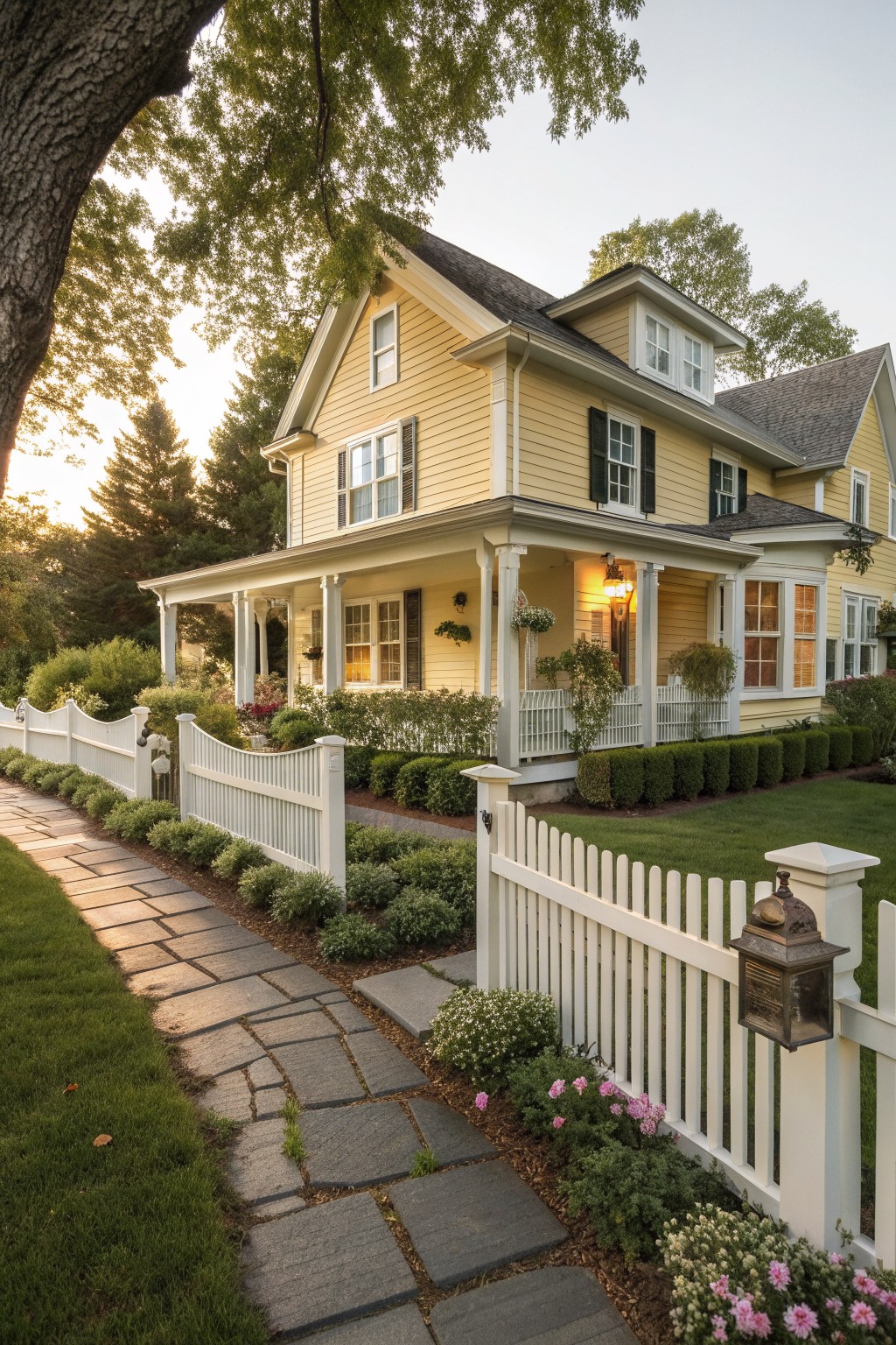 A two-story yellow Victorian farmhouse with white trim, a covered porch, black shutters, and a white picket fence along a stone path.