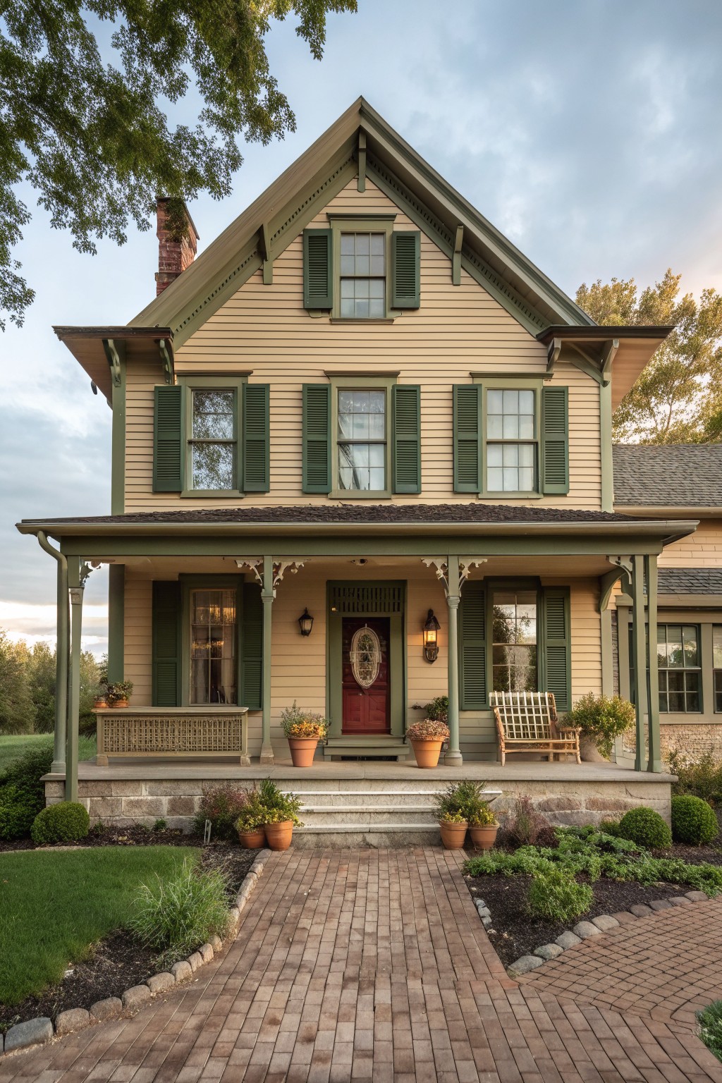 A two-story Victorian farmhouse exterior with pale yellow siding, green shutters and trim, a red front door, and a covered front porch.
