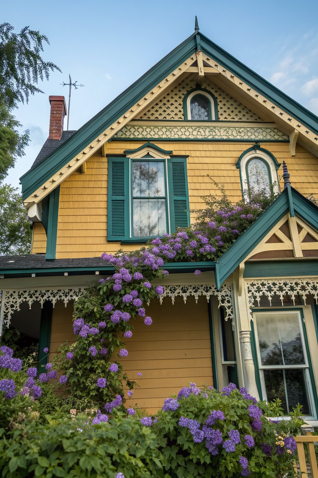 A yellow Victorian farmhouse with green trim, green shutters, and purple flowering vines climbing the front porch.