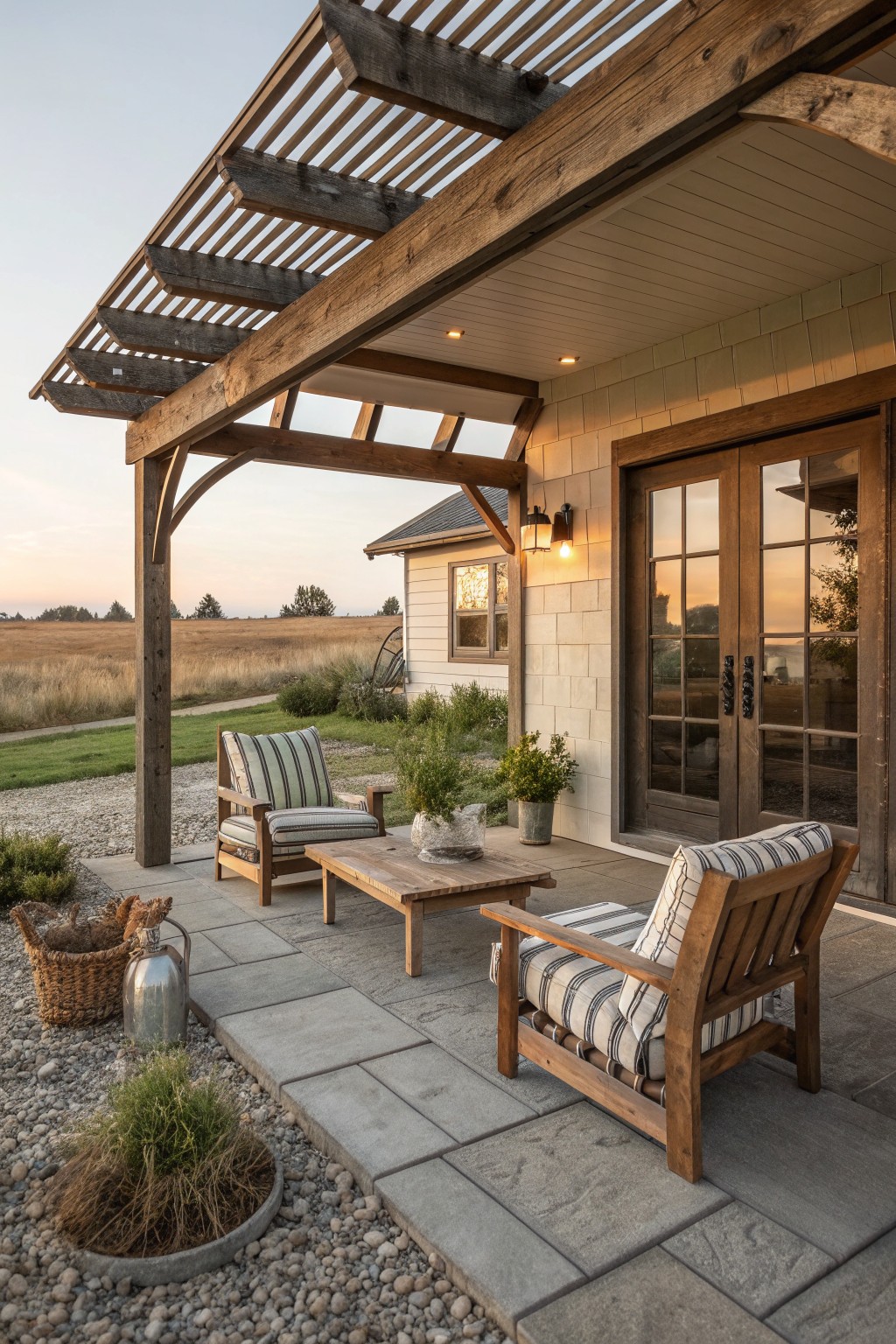 A rustic farmhouse front porch featuring a wooden pergola, striped cushioned armchairs, a low coffee table, and double doors on a stone-paved area beside a gravel bed.
