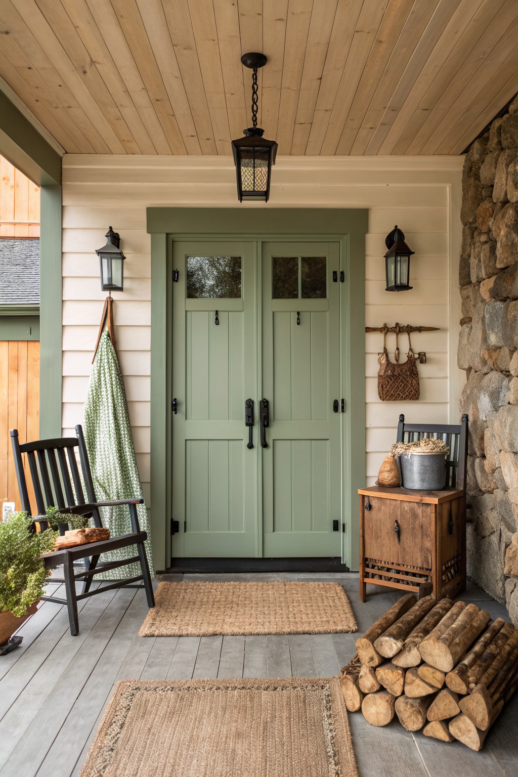 A front porch with a sage green double door, black rocking chair on the left, wooden cabinet on the right holding a metal bucket, stacked firewood below, and two woven rugs on the floor.