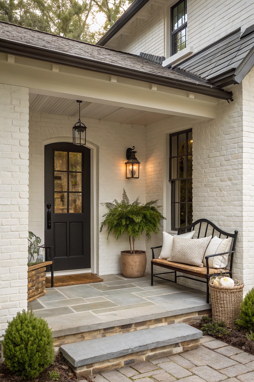 A white brick house porch with a black front door, a wooden bench with cushions, a large potted fern, and stone flooring.