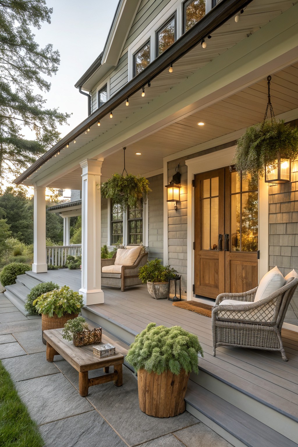 A rustic farmhouse front porch with gray siding, wooden decking, wicker armchairs, multiple potted plants in wooden and woven containers, hanging greenery, string lights, and a wooden double door.
