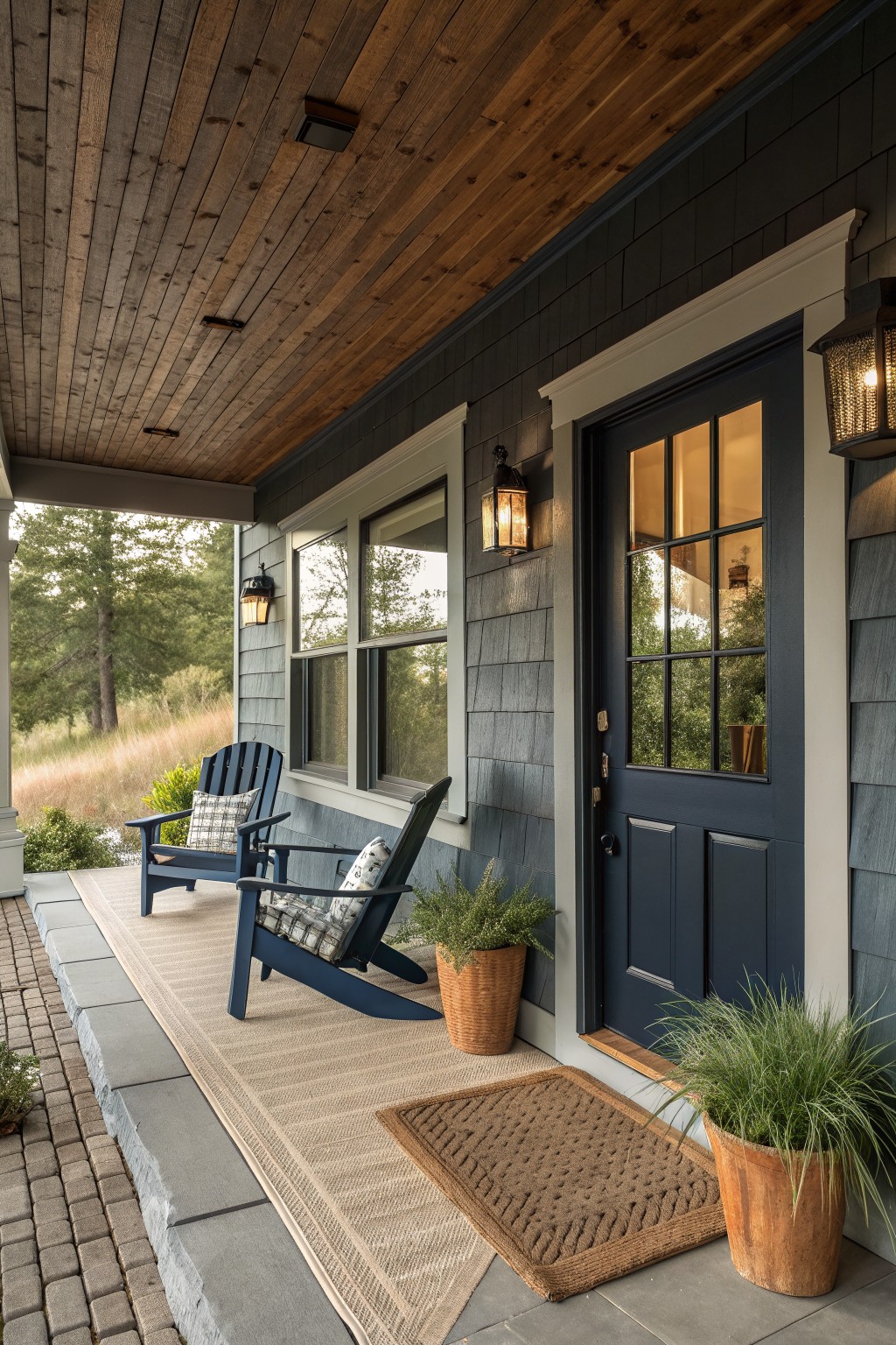 A front porch with two blue wooden chairs on a beige striped rug next to a dark blue door and potted plants.