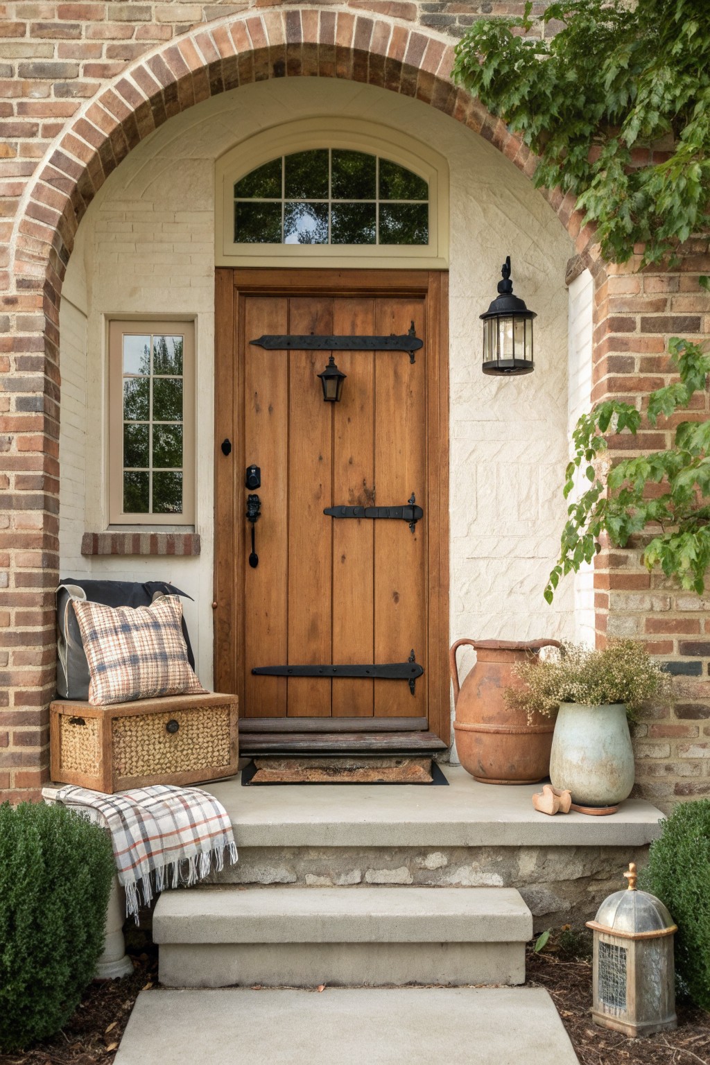 Arched brick entry with wooden door, black lanterns, plaid pillows, and terracotta pots on steps