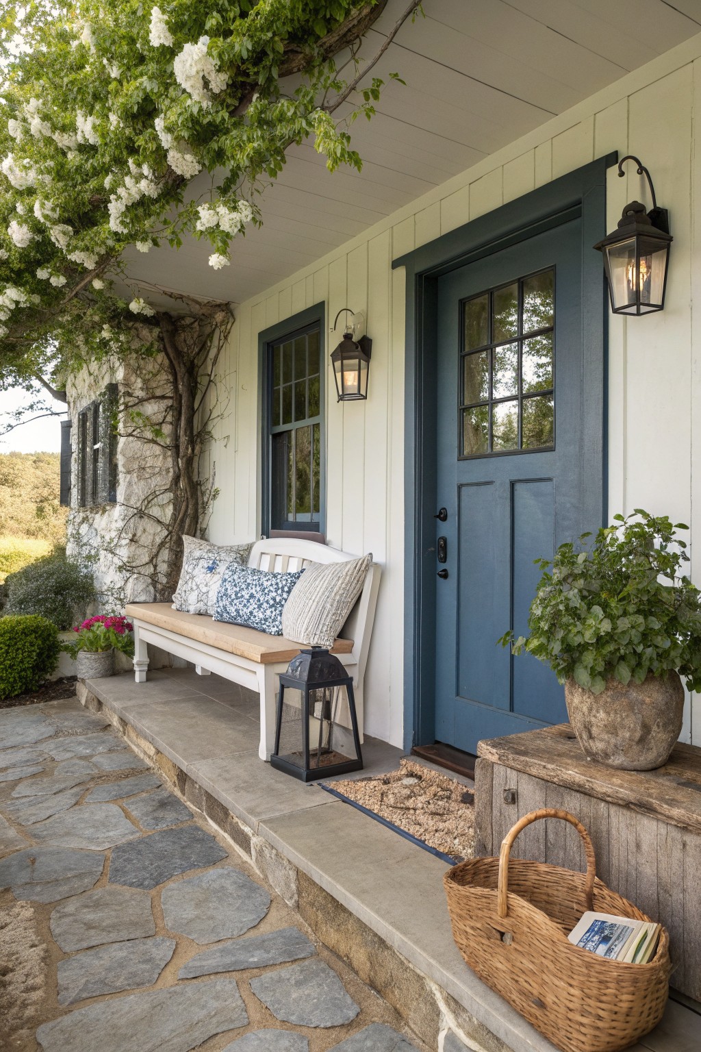 A stone porch with a white wooden bench holding blue and striped pillows, next to a blue door and a wicker basket.