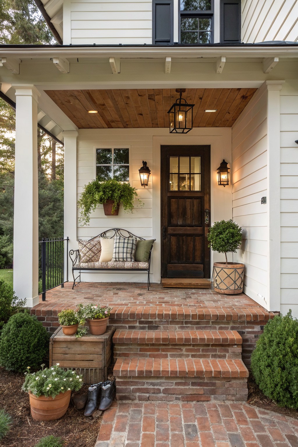 A front porch with brick flooring and steps, a dark wooden door, white siding, a wooden ceiling, a metal bench with pillows, and potted plants.
