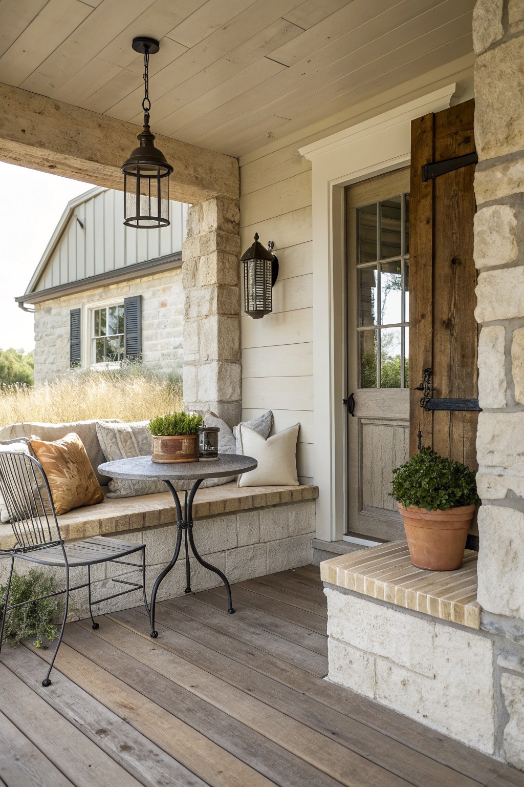 A front porch with a built-in bench holding pillows, a round metal table, a wire chair, potted plants, a hanging lantern, and a wooden door framed by stone.