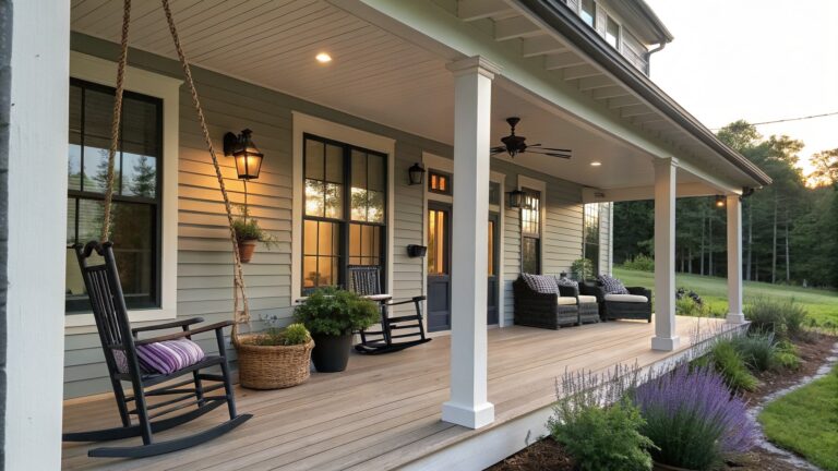 A wooden front porch with two black rocking chairs, one holding a checkered pillow, a dark double door, hanging lanterns, and potted plants along the side of a gray house.