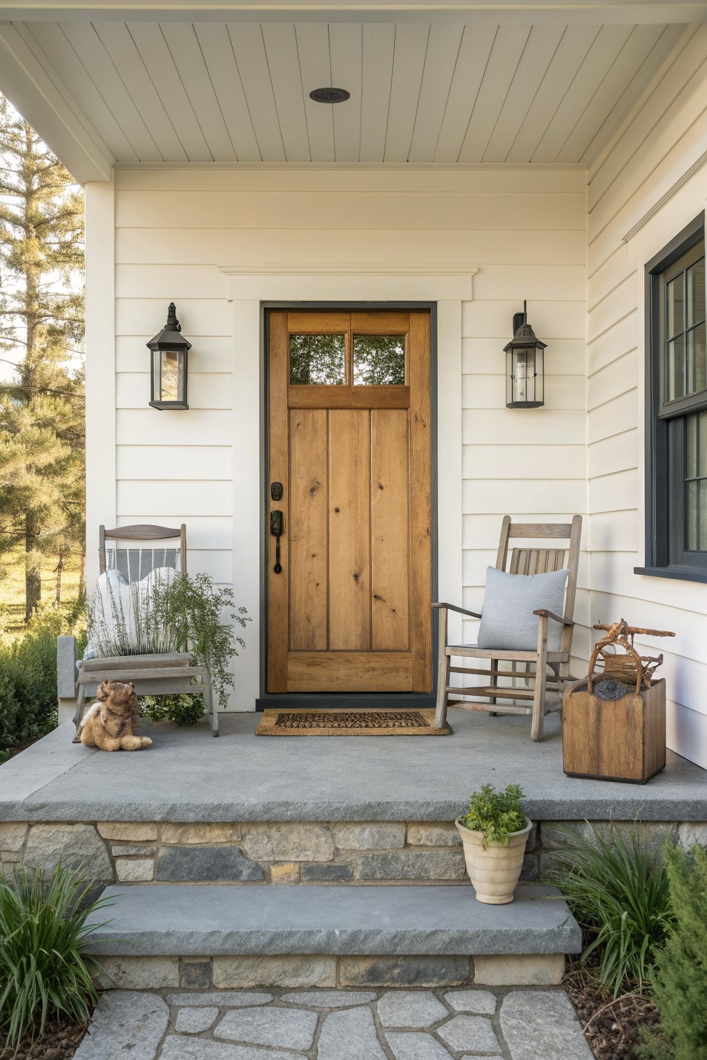 A white house porch with a centered wooden door, two wooden rocking chairs on either side, black lanterns mounted on the siding, a small doormat, and stone steps with potted plants.