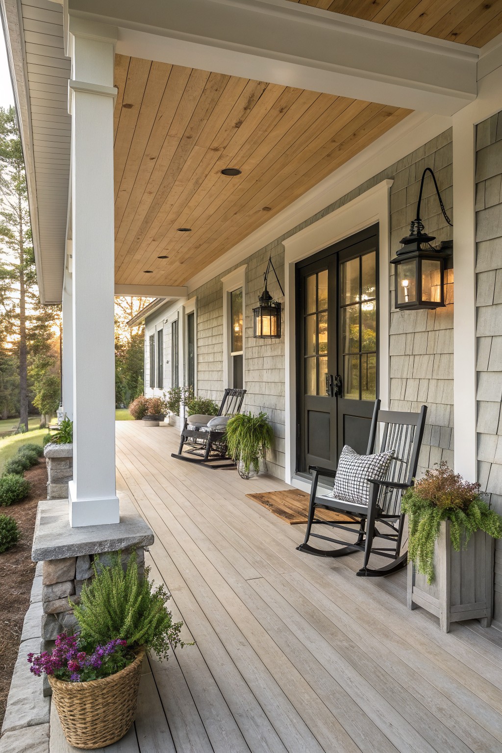 A wooden front porch with two black rocking chairs, one holding a checkered pillow, a dark double door, hanging lanterns, and potted plants along the side of a gray house.