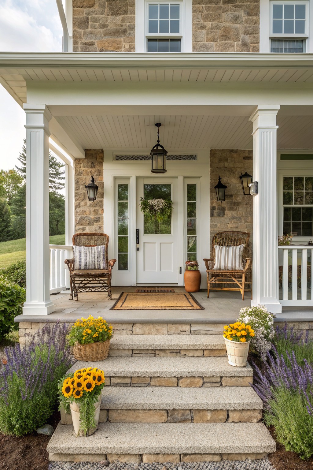A stone house front porch with white trim, two wicker rocking chairs with striped cushions, a central doormat, hanging lantern, and potted sunflowers along the steps.