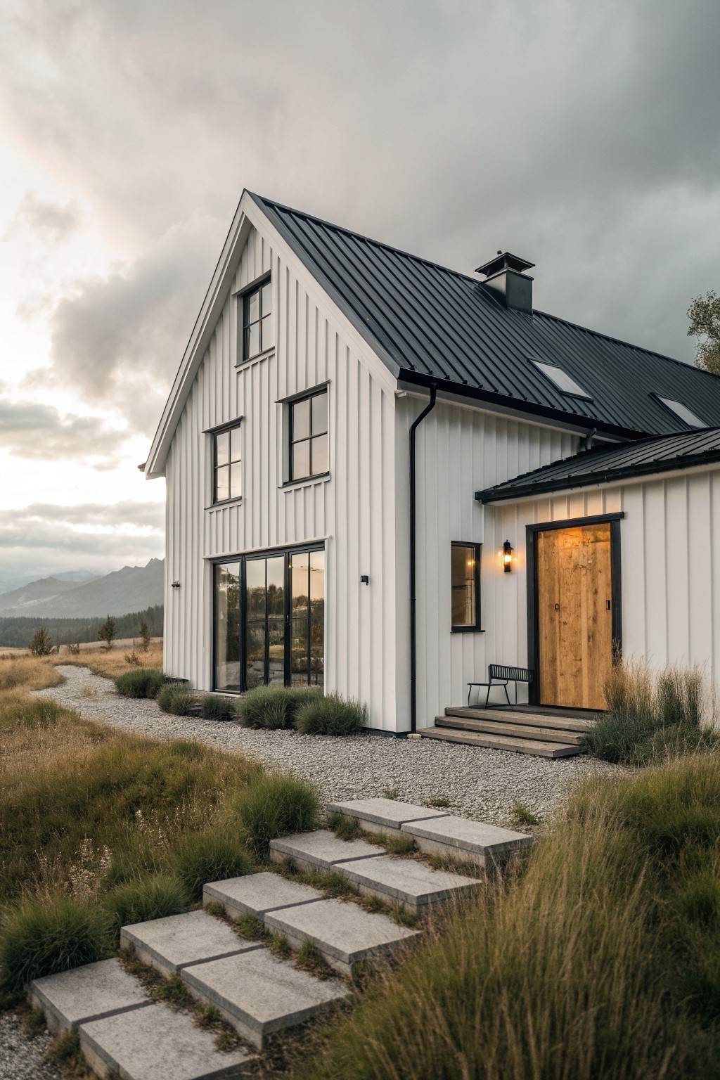 Modern white farmhouse with black roof, large windows, and stone steps on gravel path