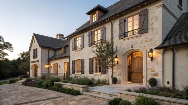 Stone house with arched wooden doors, shuttered windows, steps, and plants.