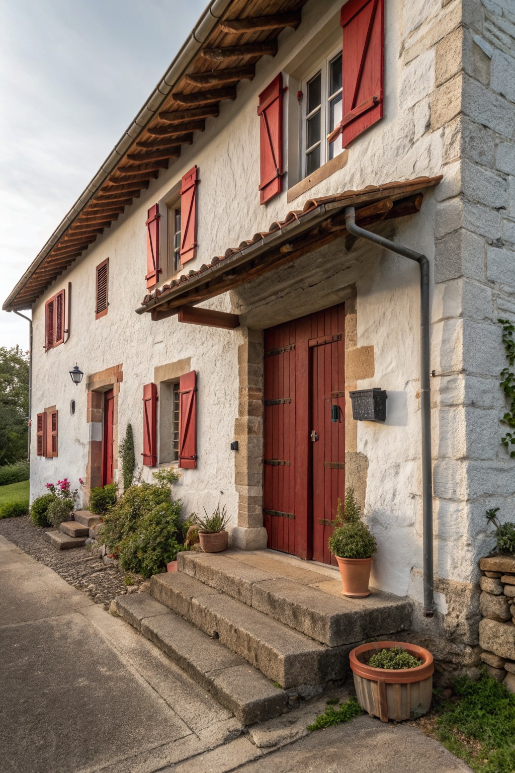 A two-story European farmhouse with white stucco walls, exposed stone accents around windows and doors, red wooden shutters, and a double red door reached by stone steps.
