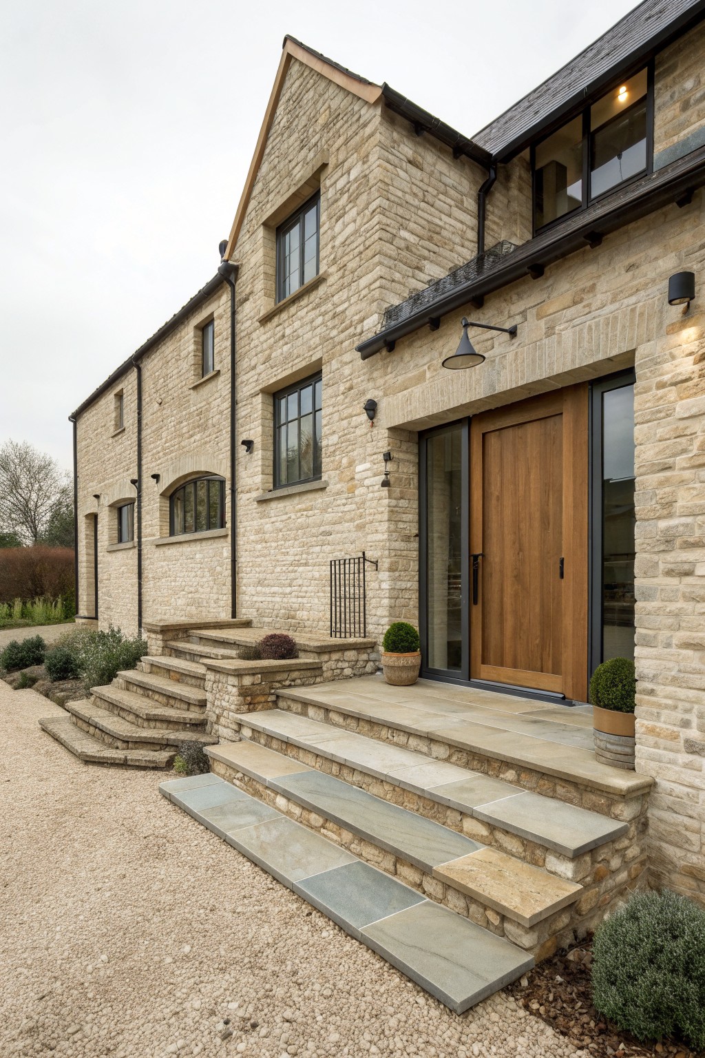 Stone house with wooden door, wide steps, windows and potted plants
