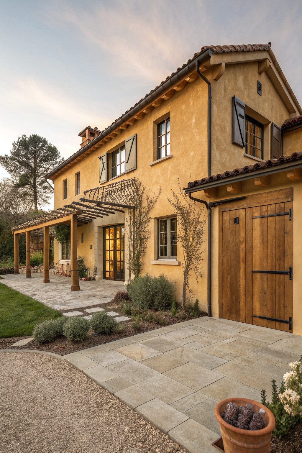 A two-story stucco house with wooden shutters, wooden doors, a wooden pergola, and terracotta roof tiles, viewed from the front with a paved courtyard and landscaping.