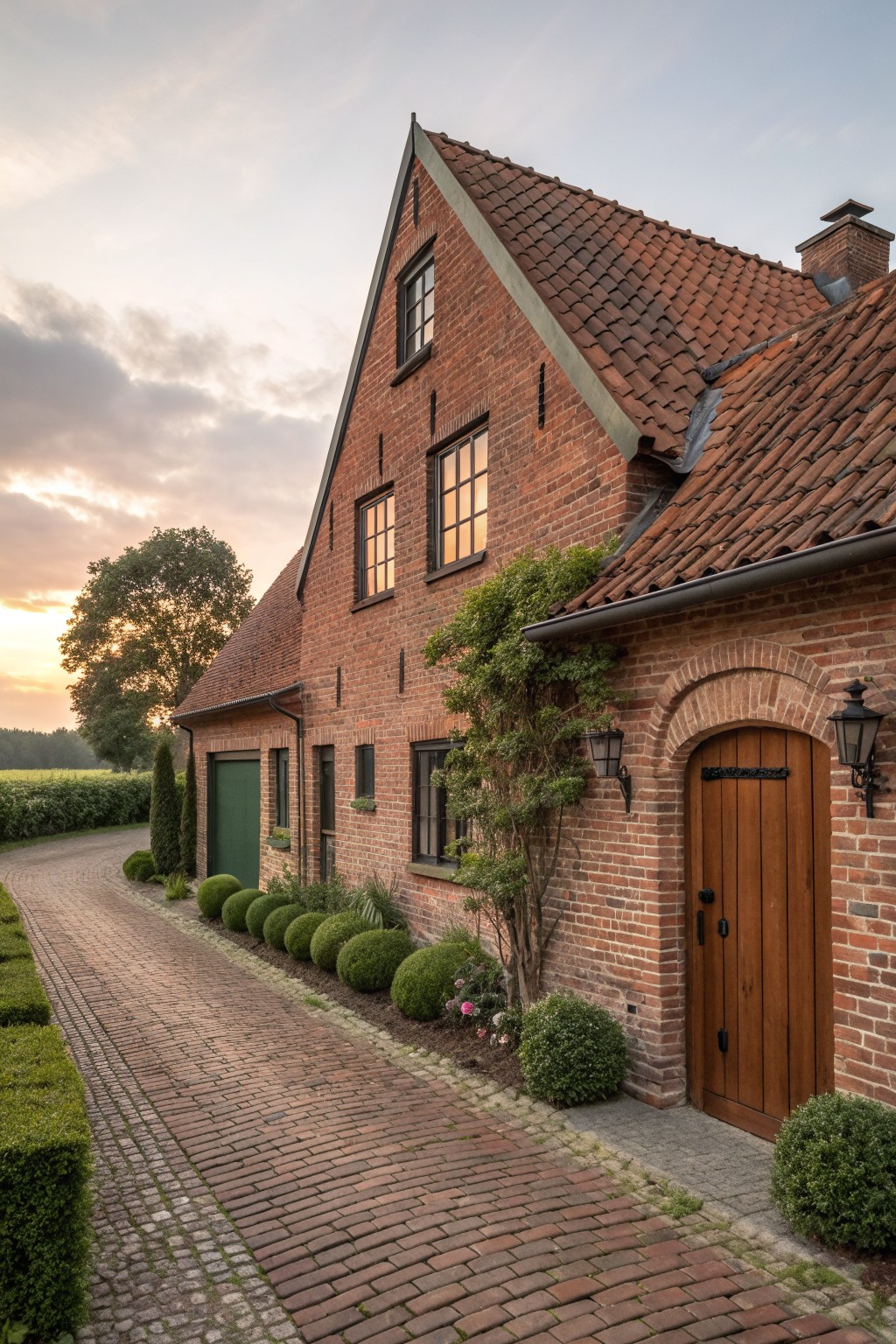 Red brick house with tiled roof beside cobblestone path and green shrubs at dusk