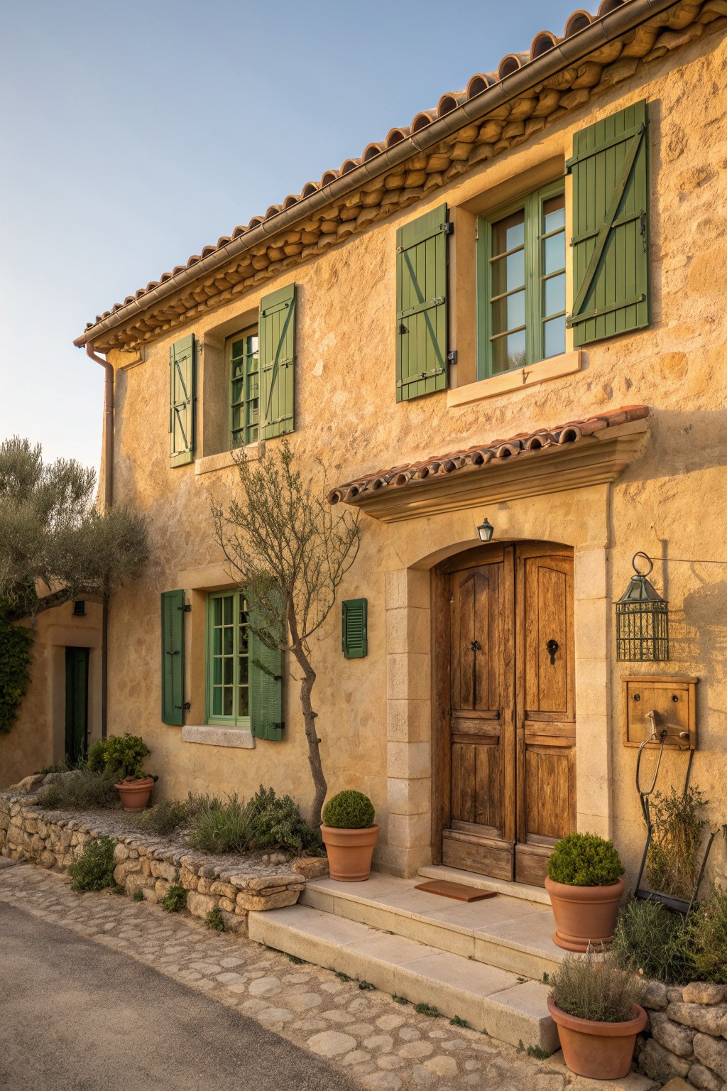 A stone farmhouse exterior featuring green wooden shutters, a wooden double door, and terracotta pots placed along the entrance steps.