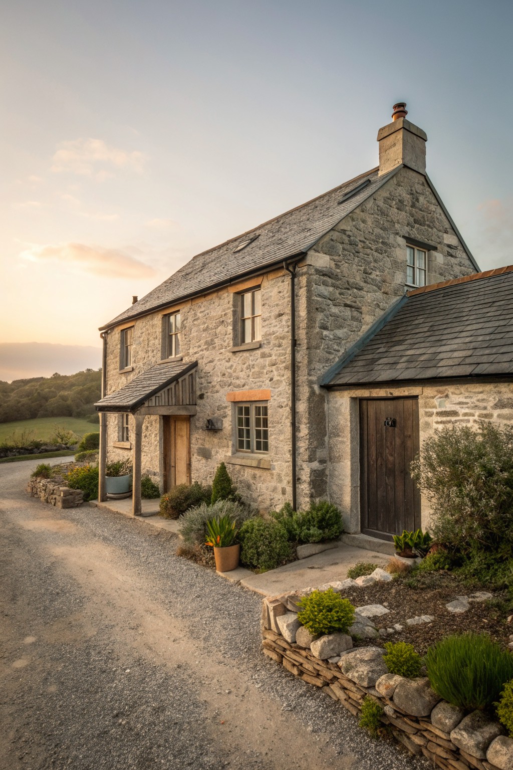 A two-story stone farmhouse with a slate roof, wooden door, and gravel path bordered by low shrubs.