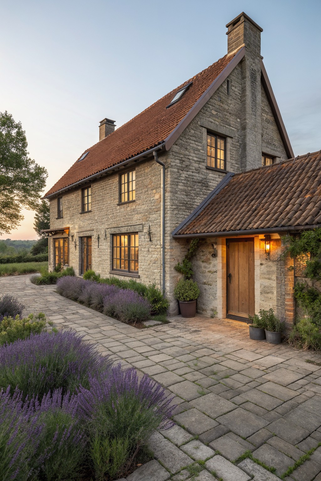 A stone farmhouse exterior with a red tiled roof, wooden door, and lavender plants along a paved path.