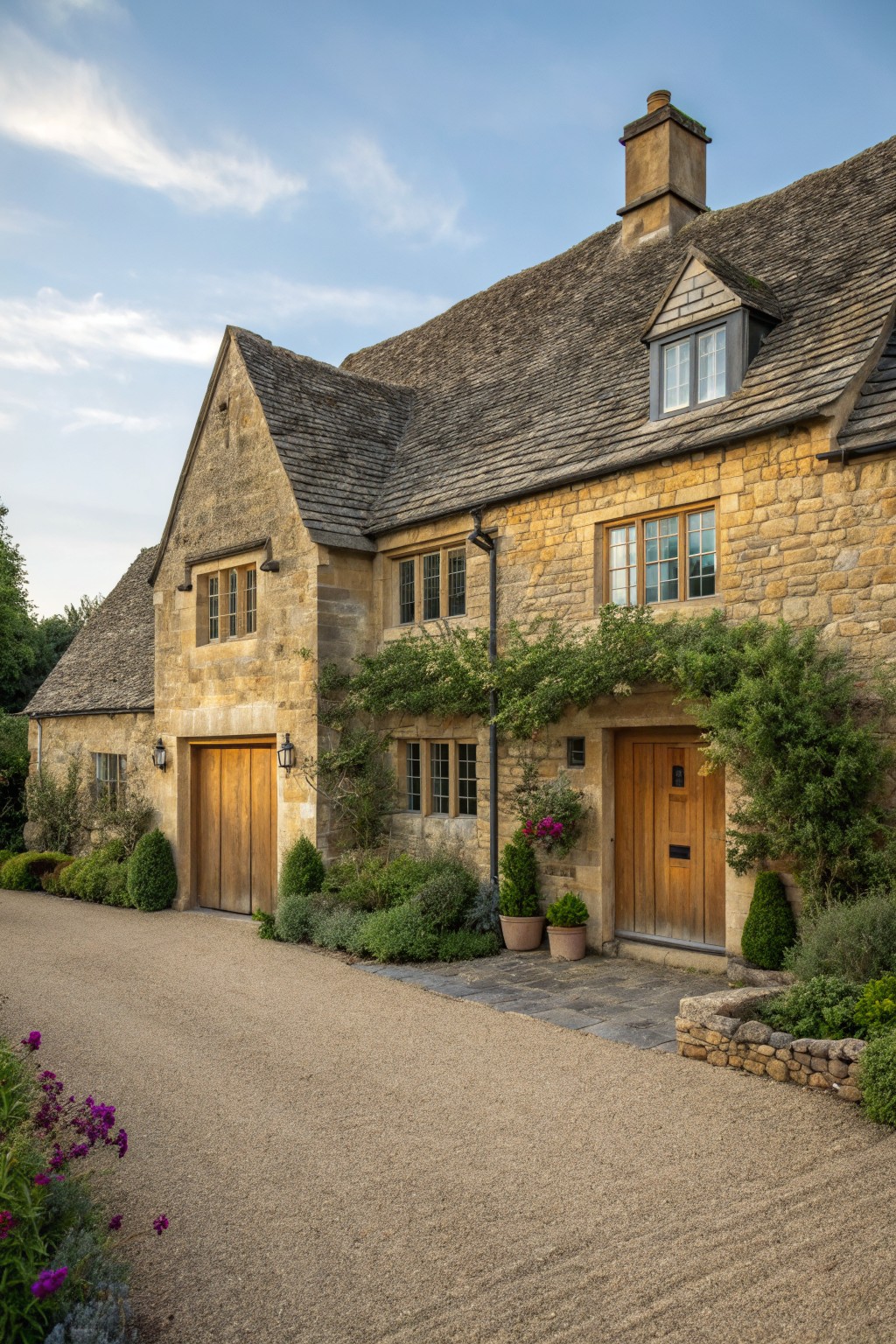 Rustic stone house with wooden doors, windows, and lush greenery beside gravel driveway.