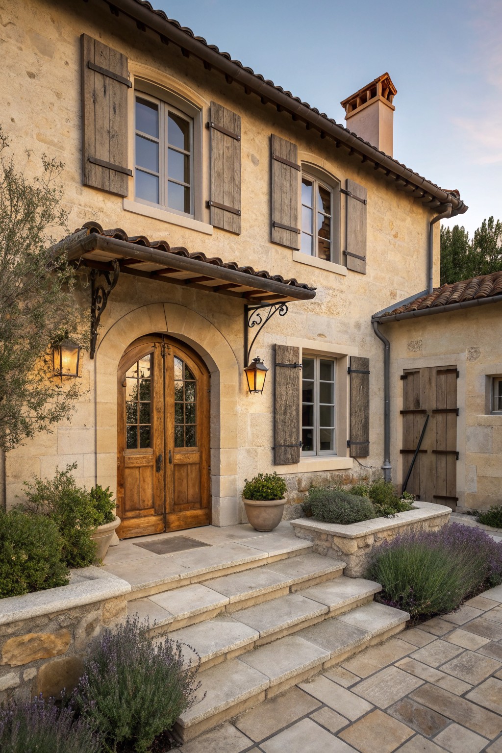 Stone house with arched wooden doors, shuttered windows, steps, and plants.