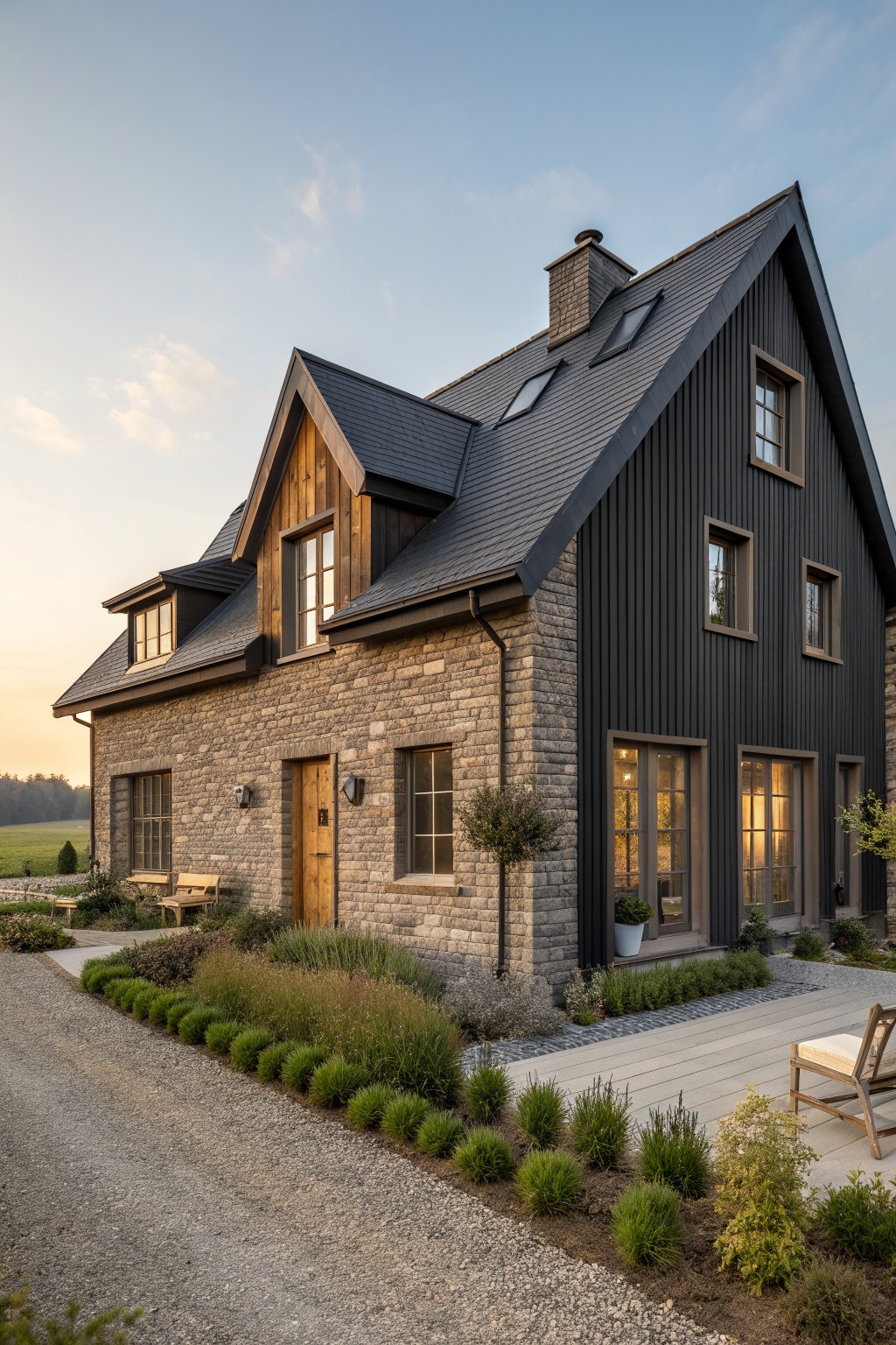 Modern stone-and-black house with steep roof, windows, deck, and garden at dusk