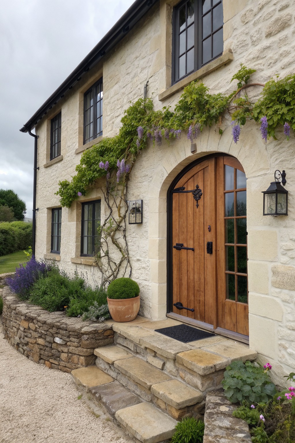 A light stone house exterior with a wooden arched front door, multiple dark-framed windows, and climbing vines with purple flowers growing across the facade and around the entrance.