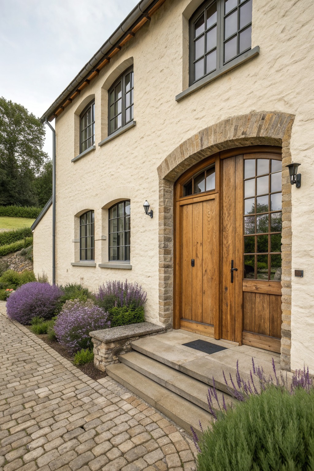 A light stucco house exterior with a large stone arch framing wooden double doors and divided-light windows.