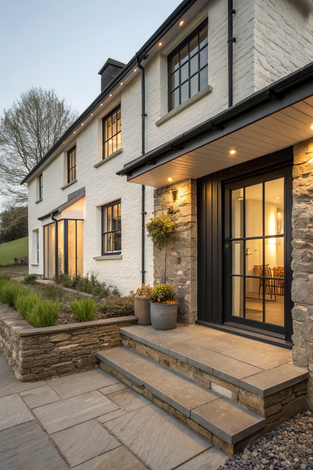 Modern white stone house with black-framed windows, open door, stone steps, and potted plants.