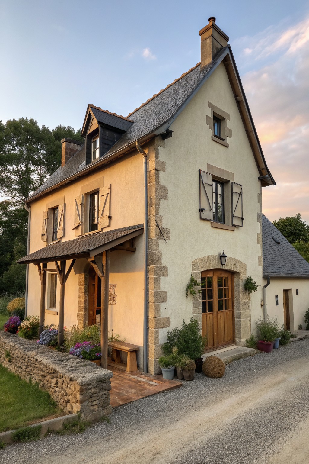 Charming stone house with wooden shutters, door, and potted flowers along gravel path.
