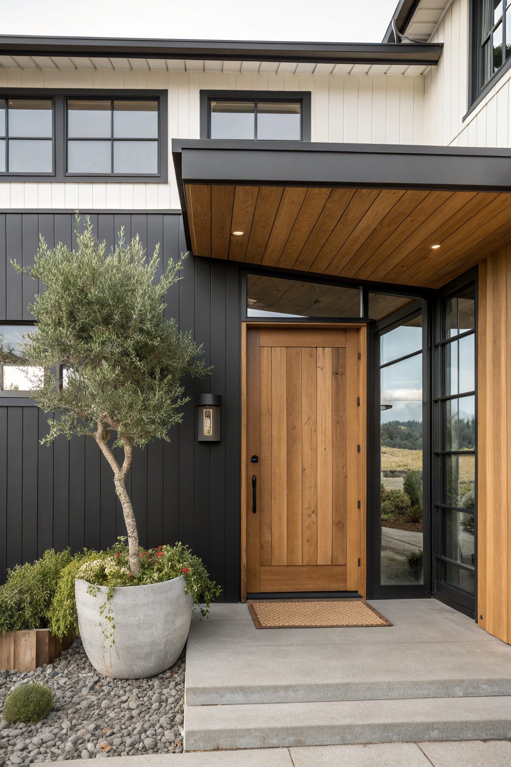 Modern home entrance with wooden door, black siding, potted tree, and doormat.
