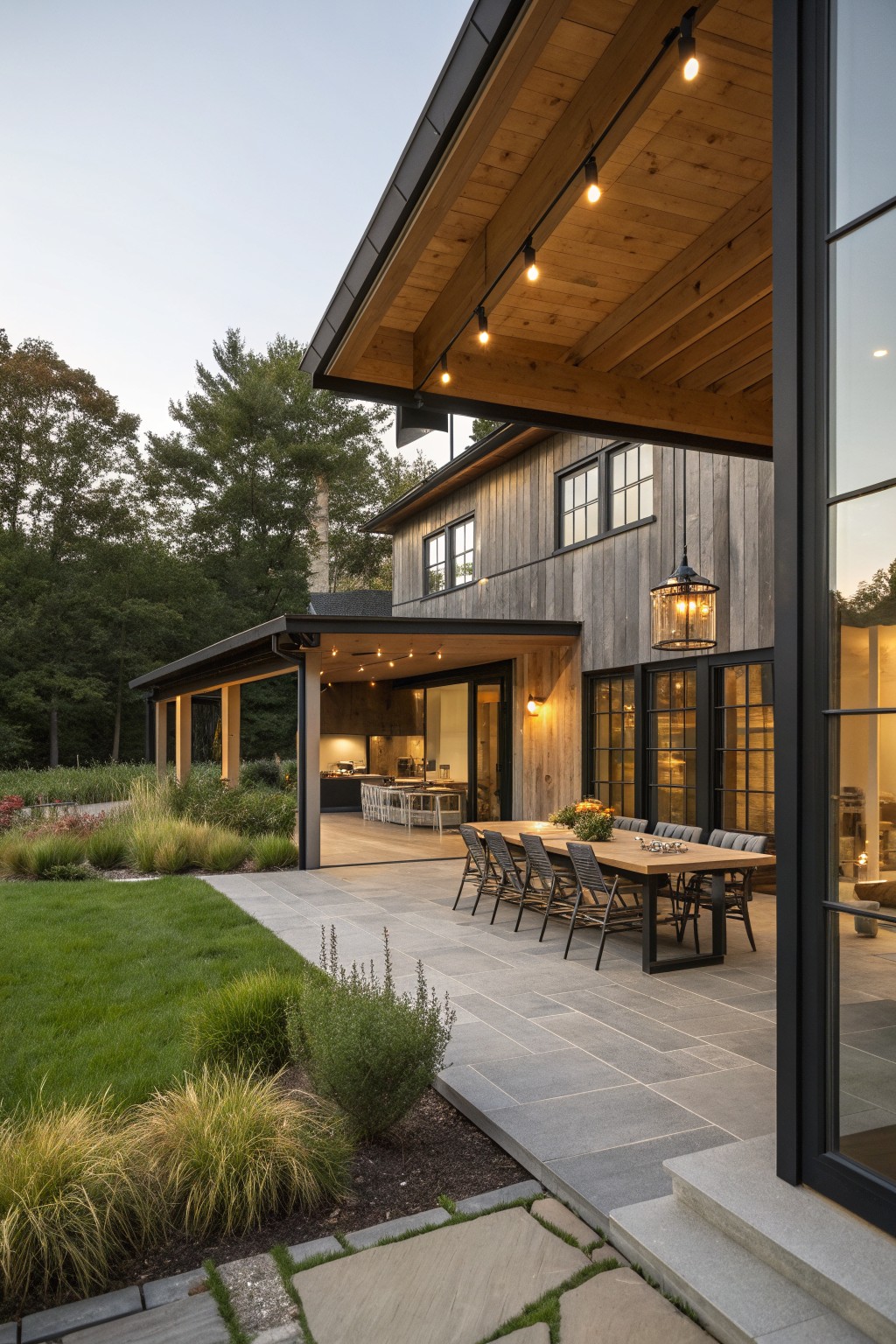 Modern farmhouse with outdoor patio, long dining table, string lights, and garden.